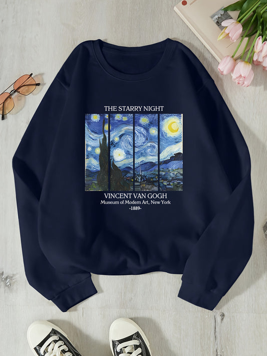 Starry Night Graphic And Letter Print Sweatshirt, Casual Long Sleeve Crew Neck Pullover, Fall/Winter Fashion Sportswear