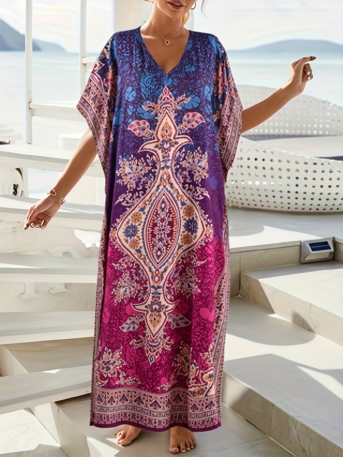 Ethnic Print V Neck Kaftan Dress, Elegant Batwing Sleeve Loose Fit Maxi Dress, Women's Clothing