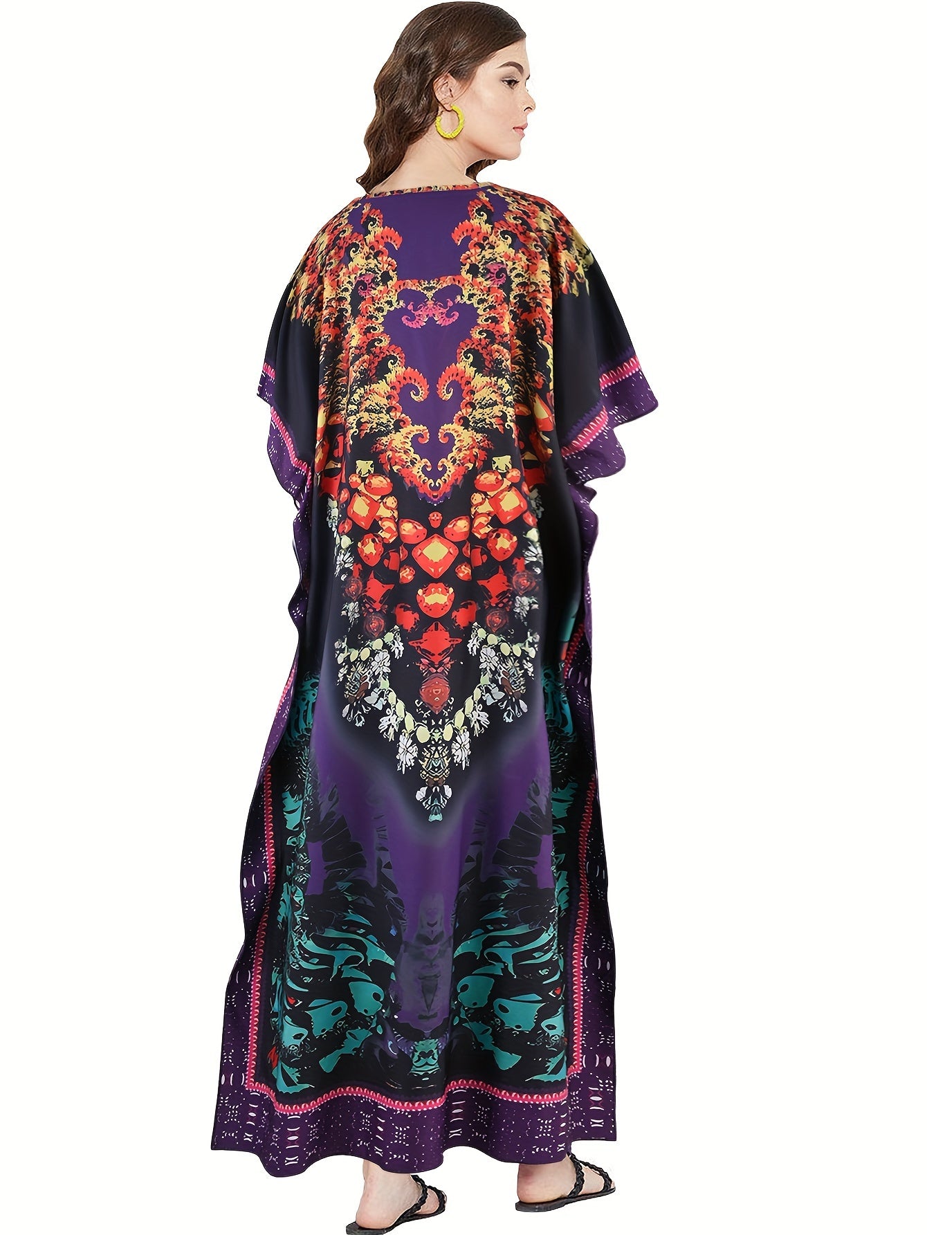 Allover Print V Neck Kaftan, Elegant Batwing Sleeve Maxi Dress, Women's Clothing