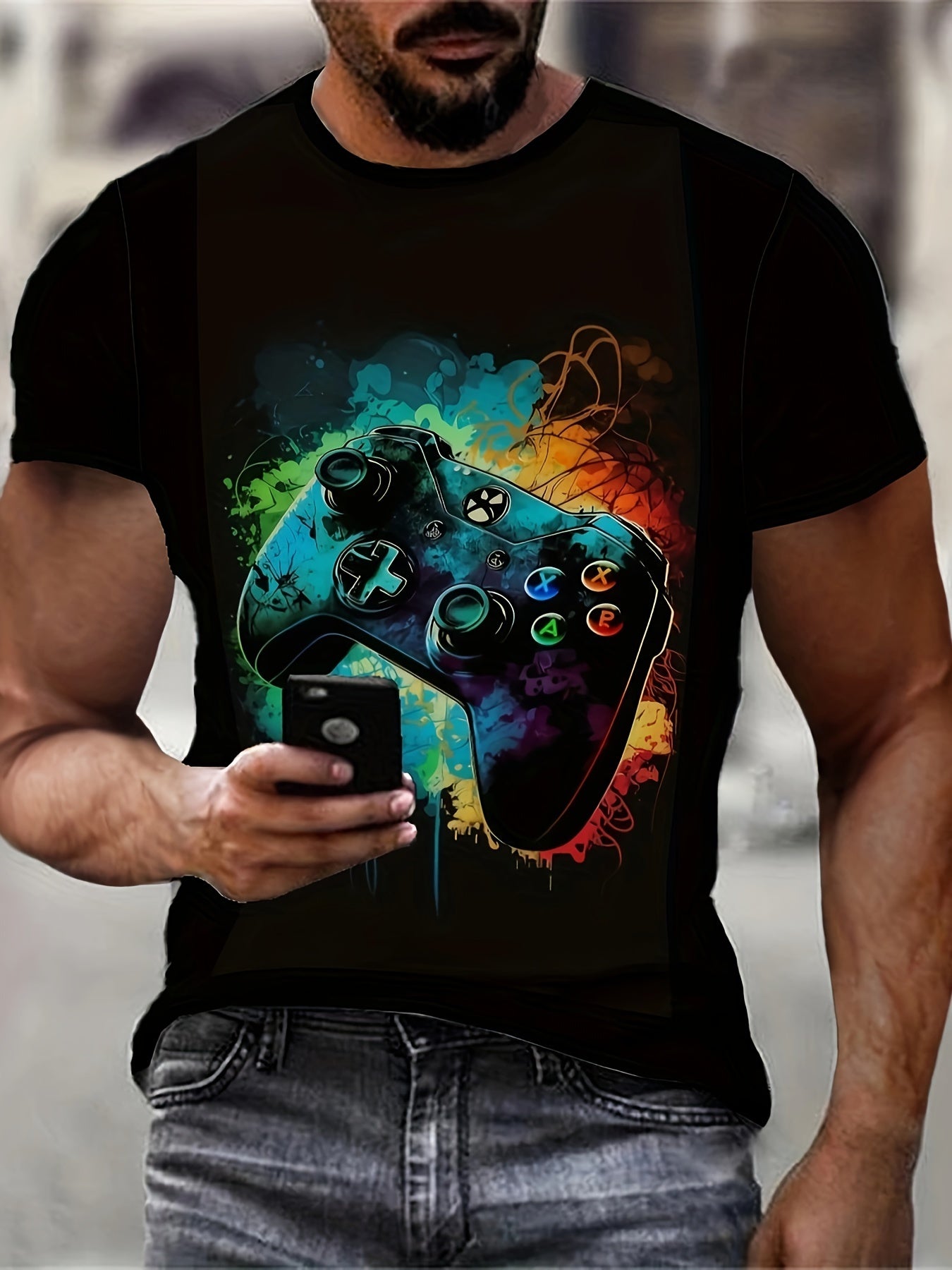 Men's Gamepad Print T-shirt, Casual Short Sleeve Crew Neck Tee, Men's Clothing For Outdoor