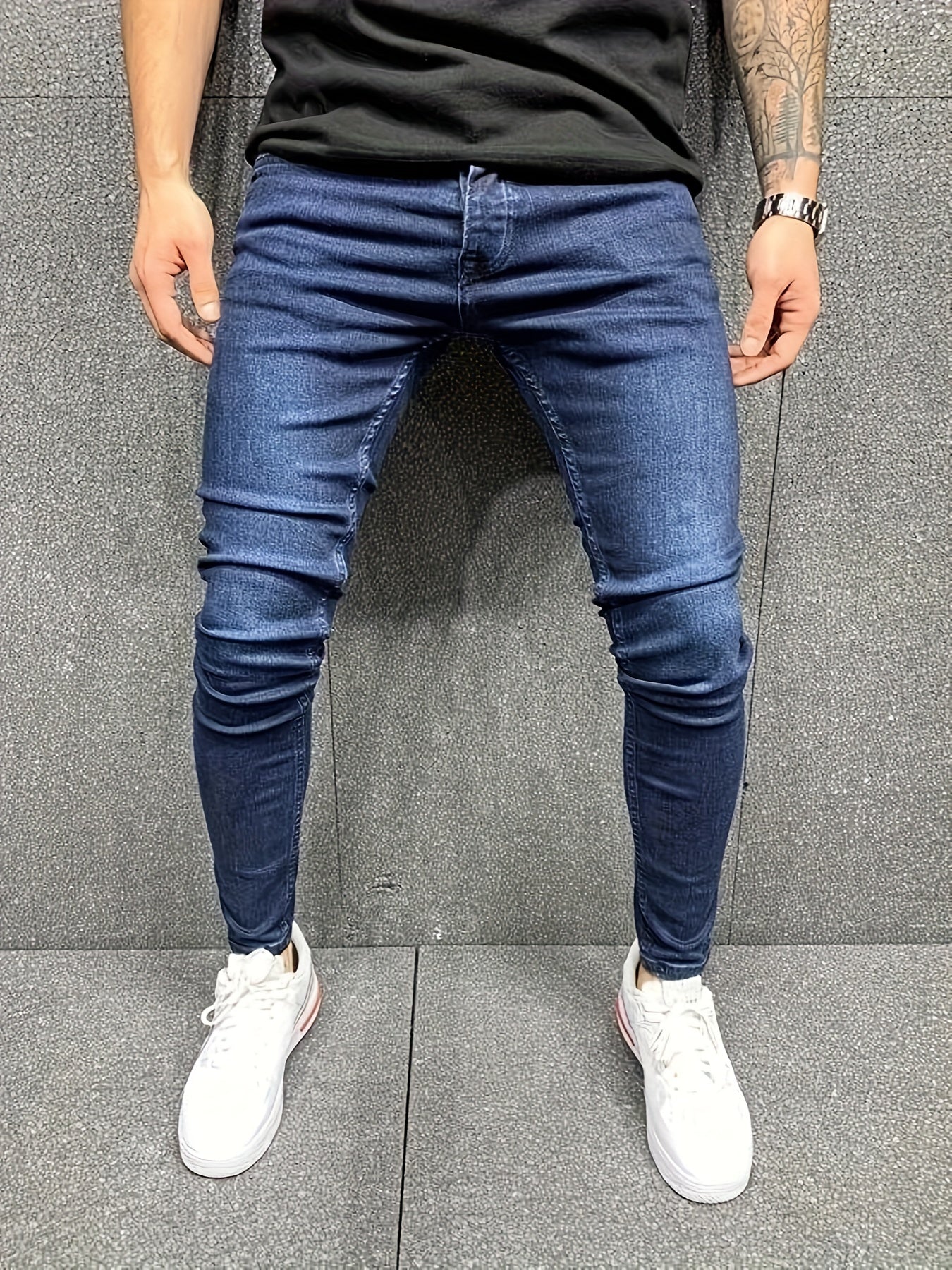 Men's Slim Fit Jeans - Stretch Denim, Solid Color, All-Season Wear, Machine Washable