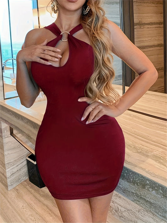 Solid Color Ring Tank Dress, Sexy Sleeveless Backless Bodycon Dress, Women's Clothing