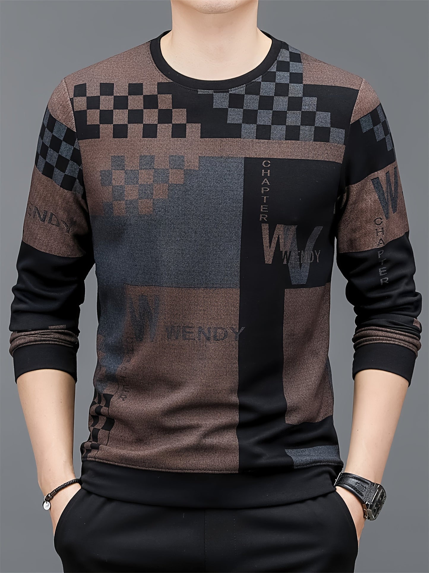 Men's Casual Long Sleeve Pullover - Stylish Plaid & Letter Design, Rayon Blend, Machine Washable - Perfect for Casual Attire