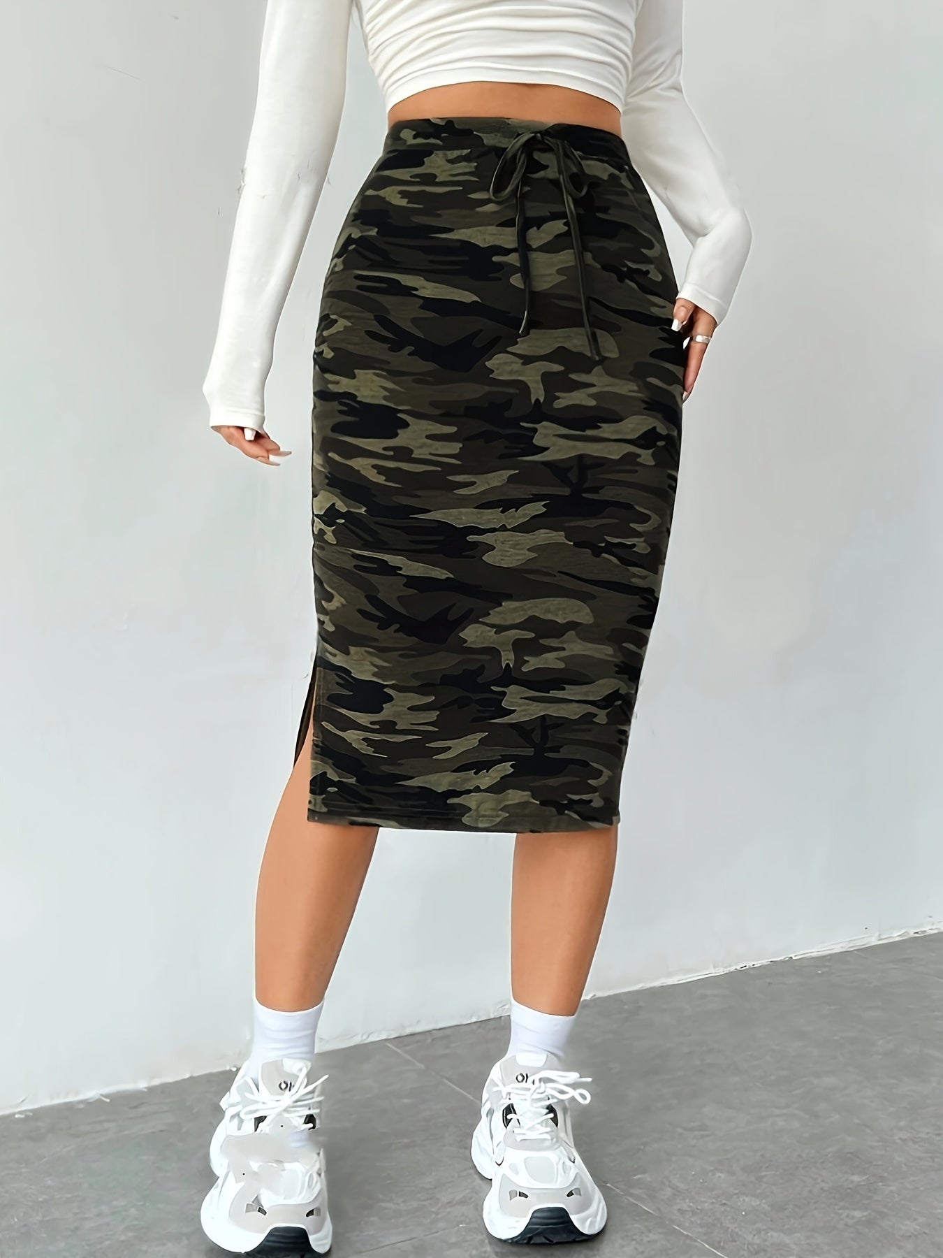 Camo Print Split Hem Pencil Skirt, Elegant High Waist Tied Skirt For Spring & Summer, Women's Clothing