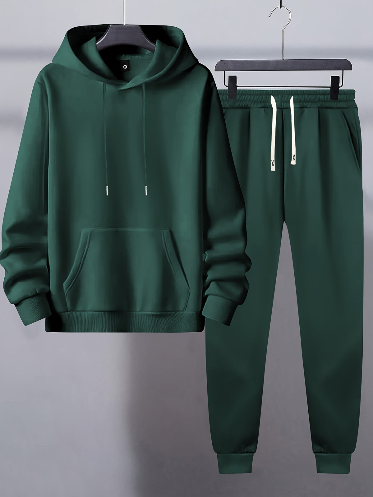 Men's Basic Polyester Sweatsuit Set - Solid Color Hooded Sweatshirt and Drawstring Joggers with Pockets - Long Sleeve, Knit Fabric, Slight Stretch, Regular Fit - Casual Sportswear for Spring/Fall