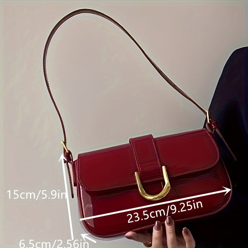 Vintage Style Geometric Pattern Crossbody Bag Burgundy with Gold-Tone Horseshoe Buckle, Faux Leather Messenger Bag with Polyester Lining and Painted Edges, Elegant Shoulder Bag with Buckle Closure