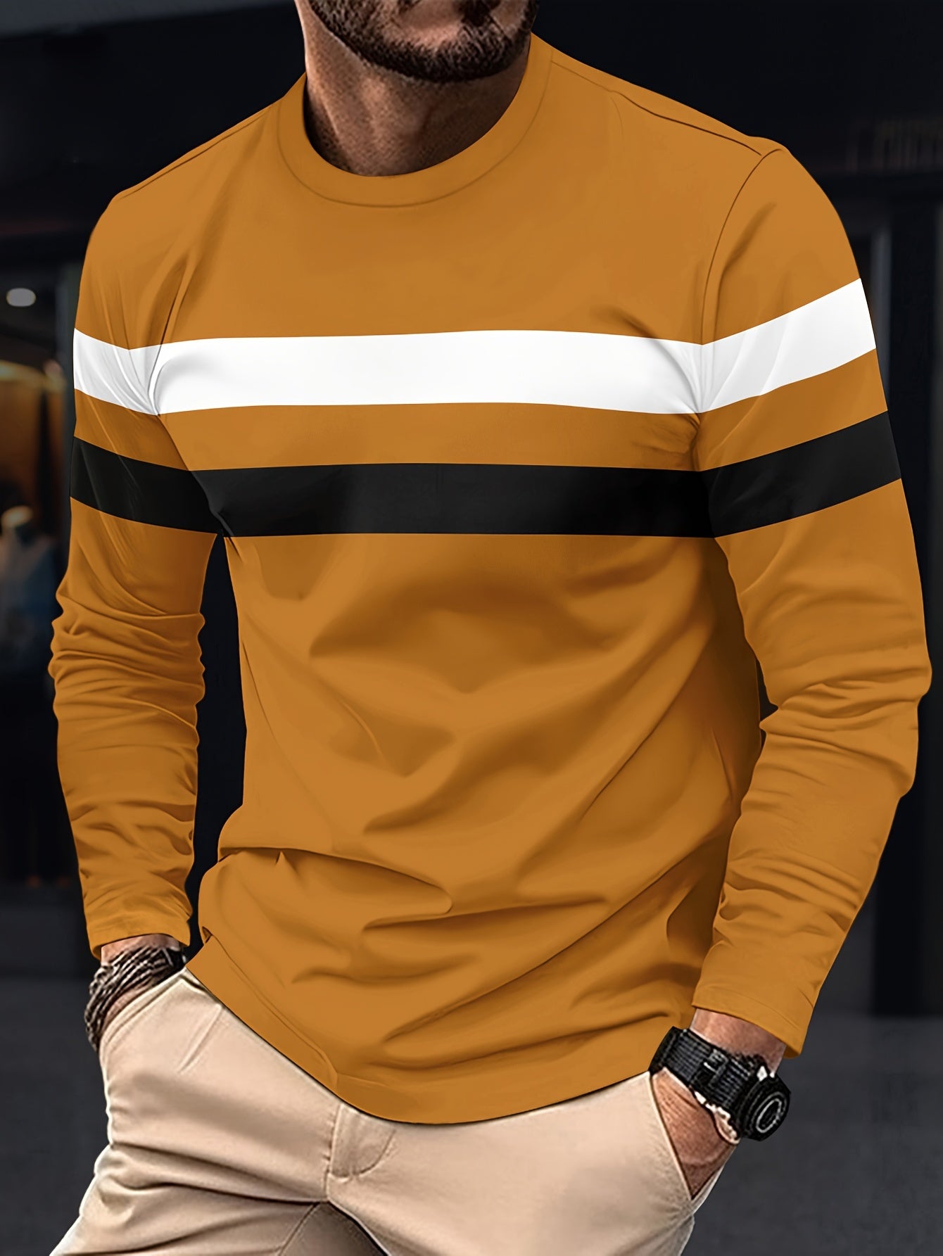 Men's Striped Color Blocking Sweatshirt, Casual Trendy Long Sleeve Sports Pullover As Gift