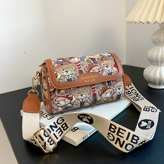 Small Bear Jacquard Shoulder Bag, Cartoon Flap Cylinder Purse, Women's Wide Strap Crossbody Bag (8.66*5.51*4.33) Inch