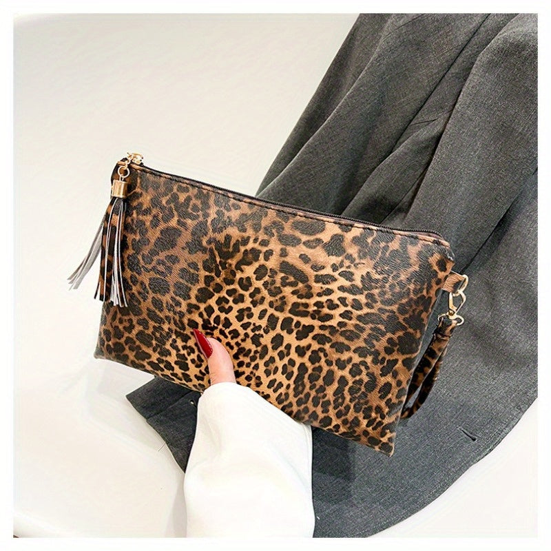 Women'S Vintage Leopard Print Top-Handle Clutch Bag, Large Capacity Evening Lipstick Wallet, Faux Leather Phone Purse with Polyester Lining and Zipper Closure, Tassel Wristlet Accessory - Do Not Wash