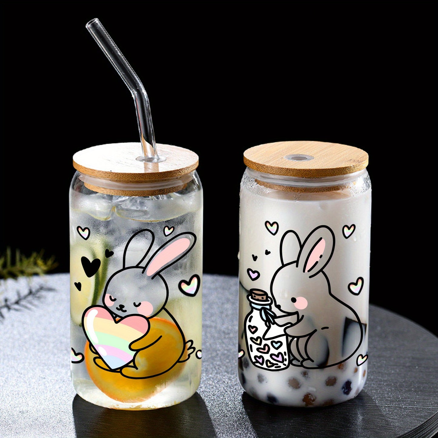 16oz Festive Glass Tumbler with Lid & Straw - Cute Bunny & Heart Design, Perfect for Iced Coffee, Soda, Beer - Ideal Holiday Gift for Christmas, Halloween, Easter, Thanksgiving