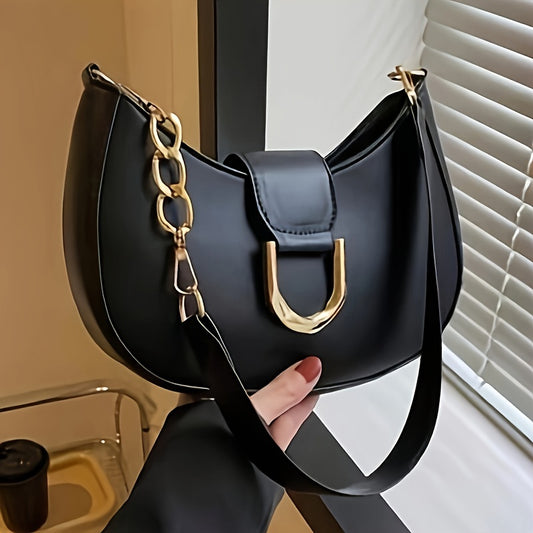 1pc Elegant Women's Black Crescent Shoulder Bag - Stylish Solid Color, Faux Leather with Safety Buckle Closure, Fixed Strap, Lined Interior, for Various Occasions / Fashionable Ladies