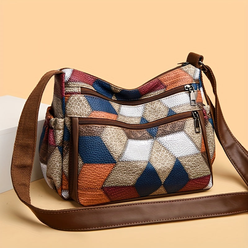 Chic Vintage-Inspired Plaid Crossbody Bag for Women - Faux Leather, Adjustable Strap, Zip Closure