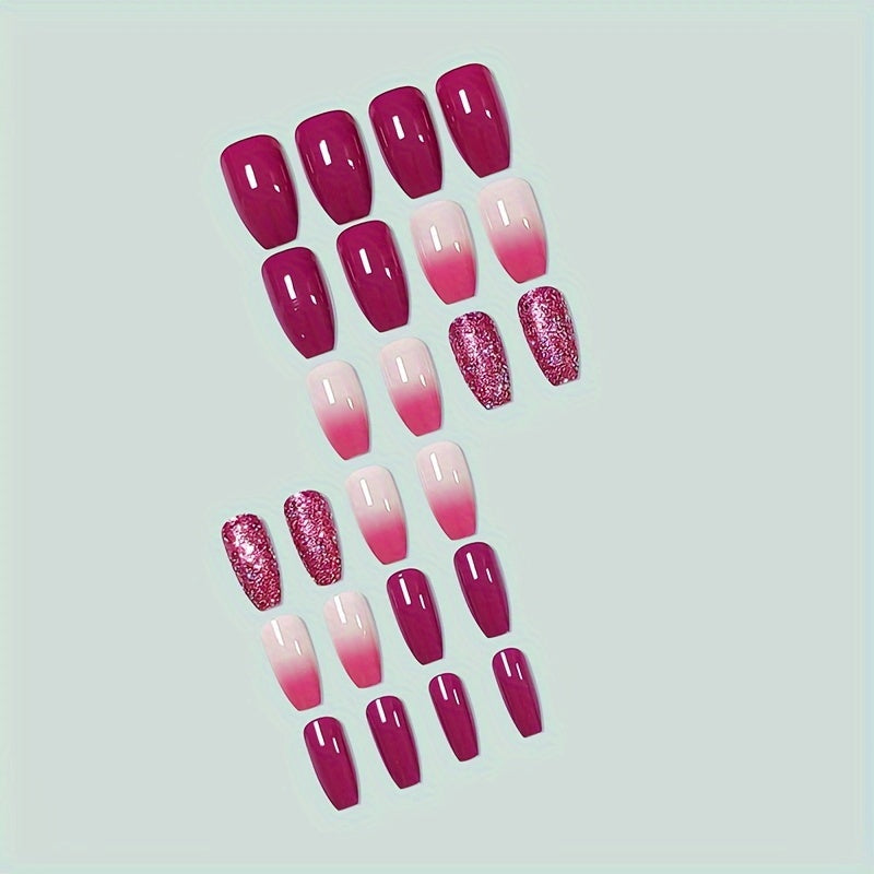 24Pcs Medium Ballerina Press On Nails French Style Fake Nails Glossy Acrylic Nails Purple Gradient False Nails Glitter Sequins Full Cover Glue On Nails For Women Girls Party Manicure Decorations, 1pc Nail File And 1sheet Adhesive Tabs Included