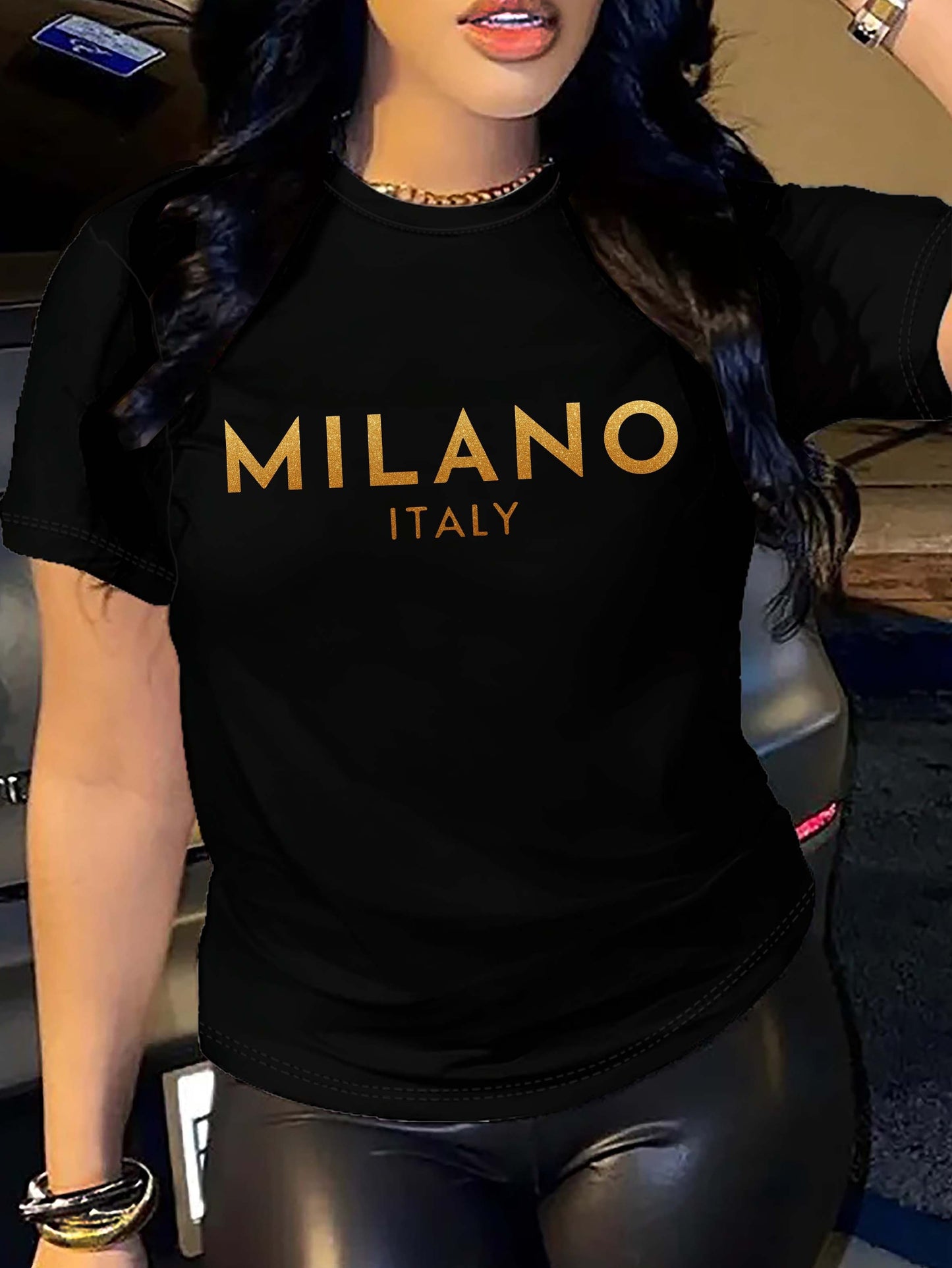 Milano Letter Print Crew Neck T-Shirt, Casual Short Sleeve T-Shirt For Spring & Summer, Women's Clothing
