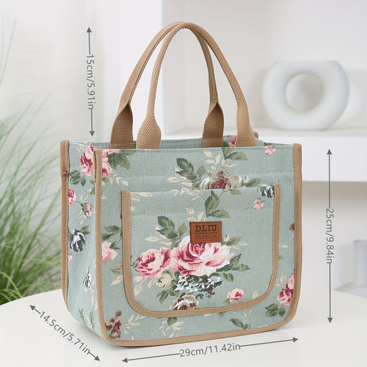 Floral Print Canvas Tote Bag With Thickened Material, Perfect For Commuting, Zipper Closure, Shoulder Bag