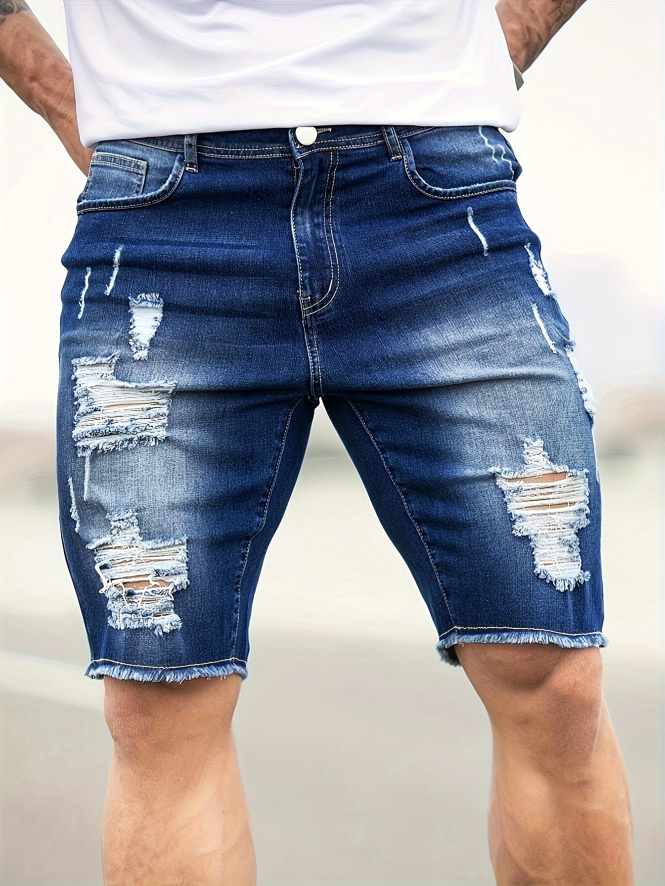 Men's Solid Ripped Denim Shorts For Summer, Trendy Casual Slim Fit Jorts