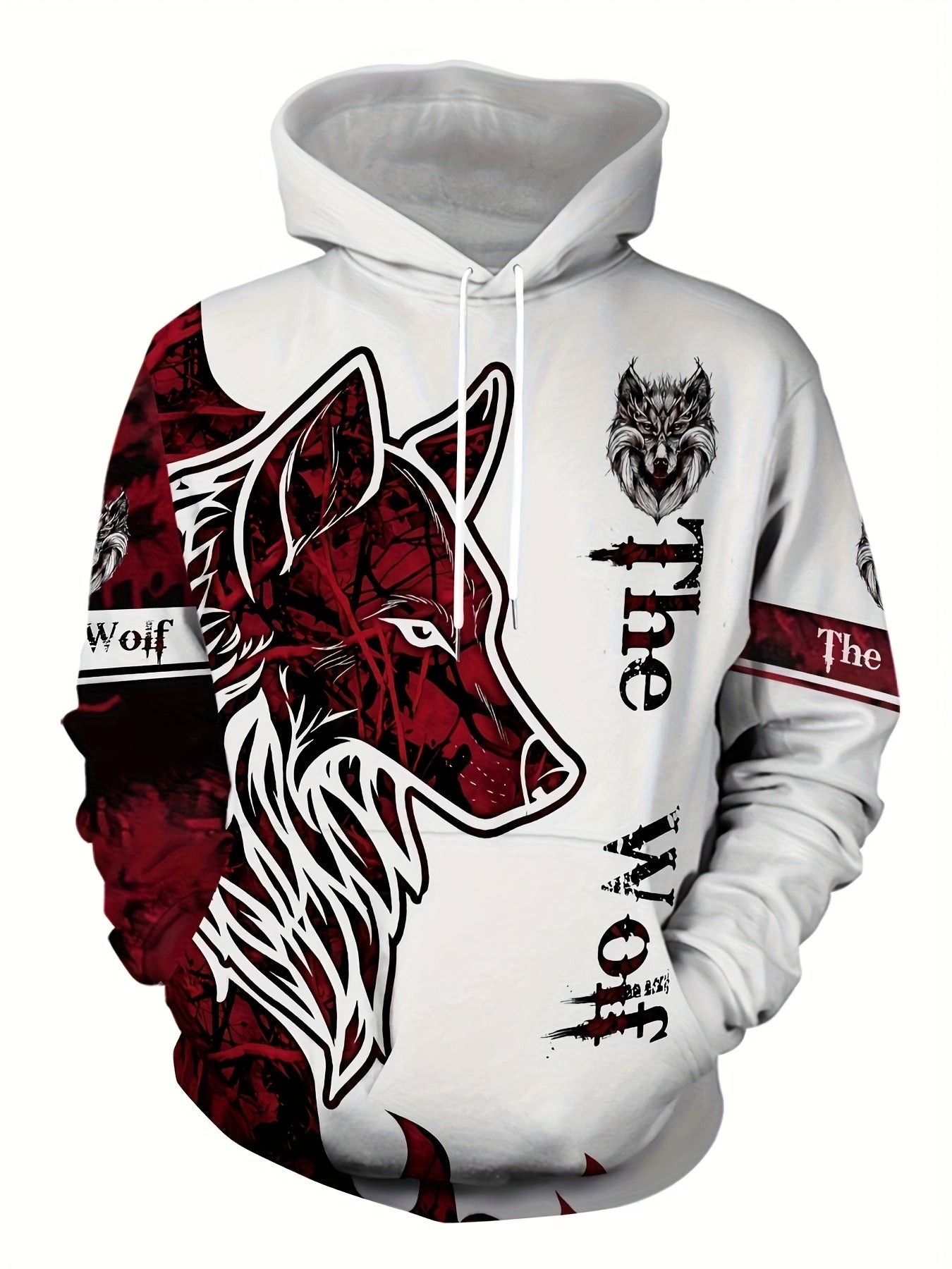 Men's 3D Wolf Print Hoodie - Casual Polyester Spandex Blend with Slight Stretch, Hooded Pullover with Long Sleeves, Geometric Pattern, Drawstring Detail, Knit Fabric Construction - Stylish & Comfortable