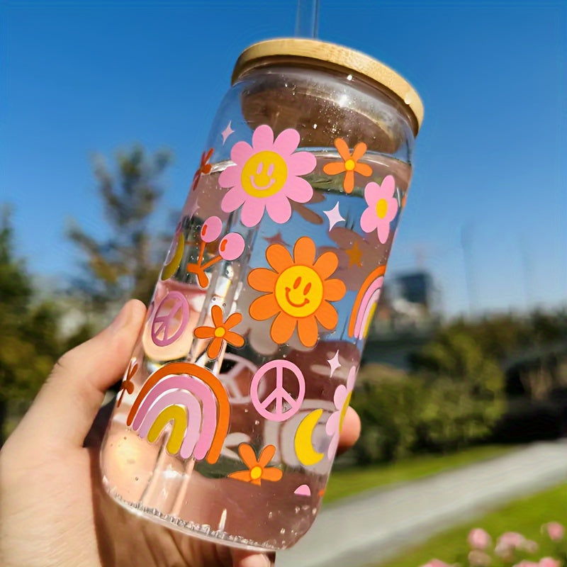 Charming Floral Rainbow Glass Tumbler Set with Lid, Straw & Cleaning Brush - 550ml Vintage Iced Coffee Cup for Tea, Juice, Milk - Perfect Birthday Gift, Leak-Proof, Reusable