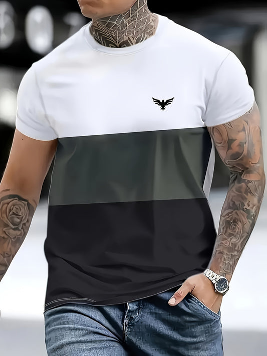 Men's Summer Fashion, Eagle Graphic And Color Block Stripe Print Crew Neck And Short Sleeve T-shirt, Leisure Tops For Daily, Casual And Holiday Wear