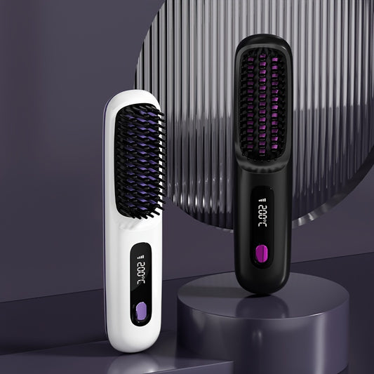 Wireless Hair Straightener Brush, 19.99*4.5*3.0 cm, 3 Temperature Settings, LED Display, USB Rechargeable, 36V Max Voltage, 2000mAh Battery, Professional Hair Styling Tool for Home, Travel, Holidays