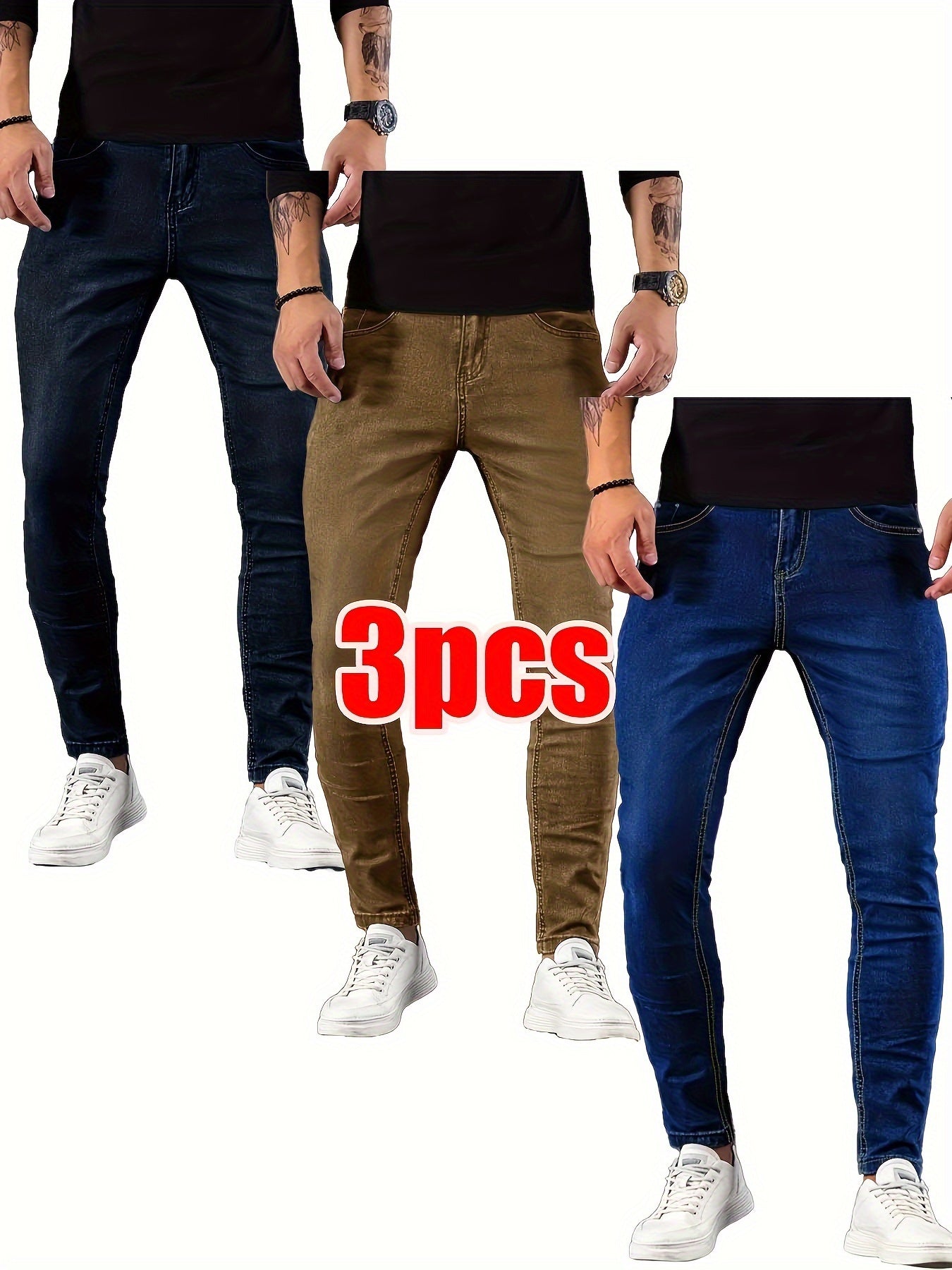 3pcs Men's Slim Fit Stretch Jeans - Casual Street Style Denim in Solid Colors, Cotton Blend