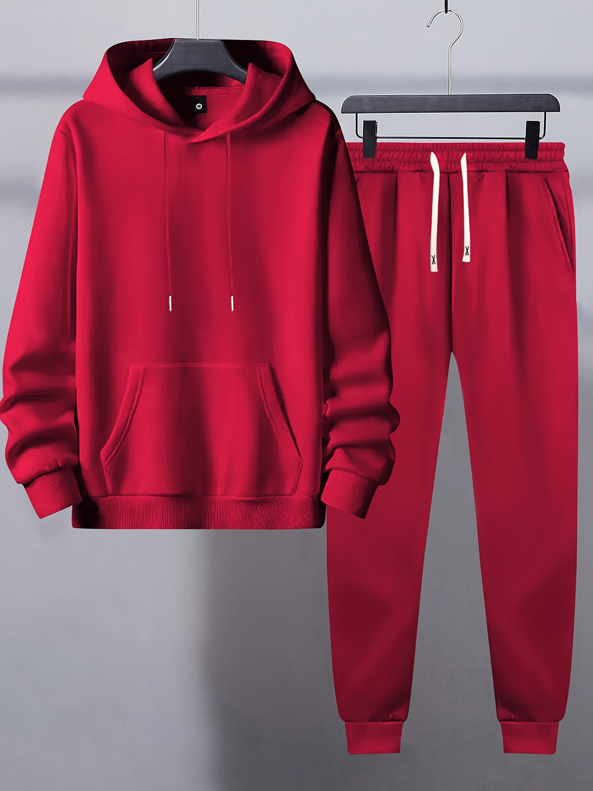 Men's Basic Polyester Sweatsuit Set - Solid Color Hooded Sweatshirt and Drawstring Joggers with Pockets - Long Sleeve, Knit Fabric, Slight Stretch, Regular Fit - Casual Sportswear for Spring/Fall