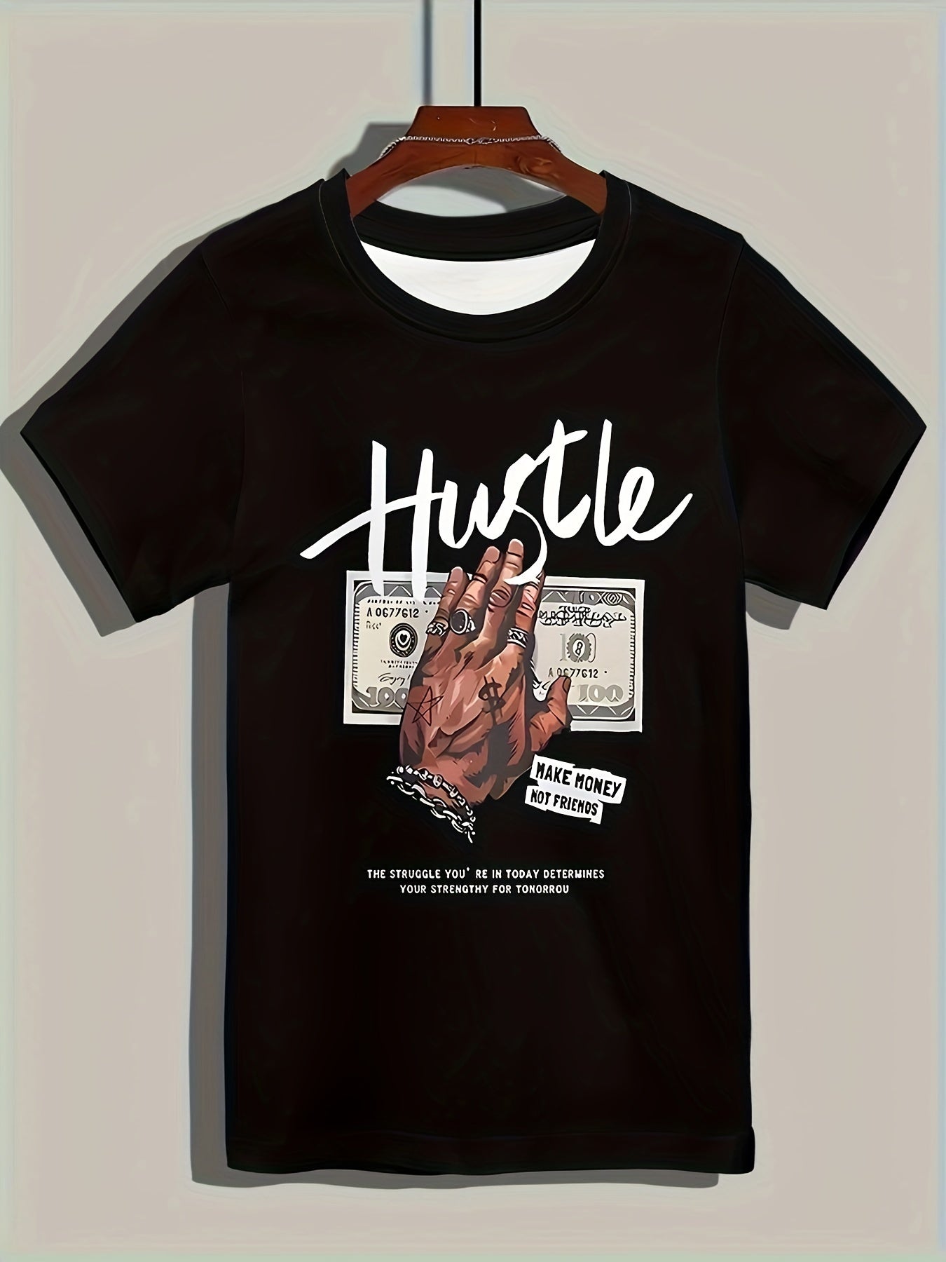 Men's 'HUSTLE' & Money Print Short Sleeve Crew Neck T-shirt, Casual Stylish Tee As Gift