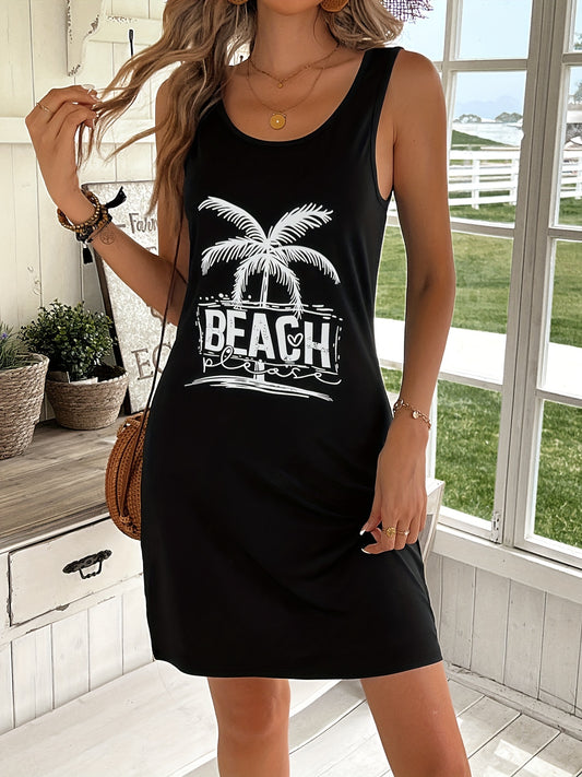 Beach Tree Print Tank Dress, Casual Crew Neck Sleeveless Dress For Spring & Summer, Women's Clothing