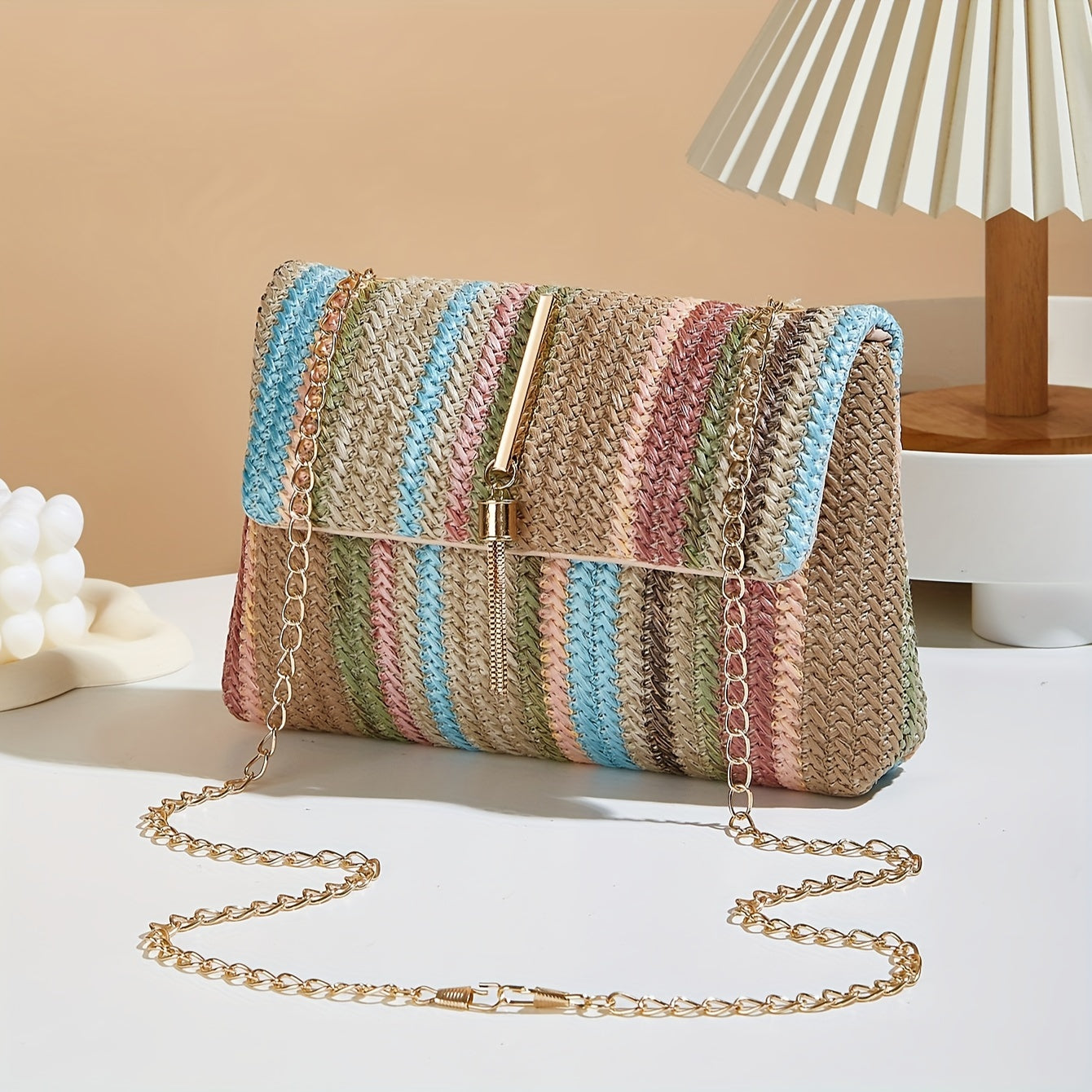 Chic Rainbow Stripe Straw Crossbody Bag for Women - Adjustable Shoulder Strap, Magnetic Closure, Tassel Accent, Fashionable Square Purse