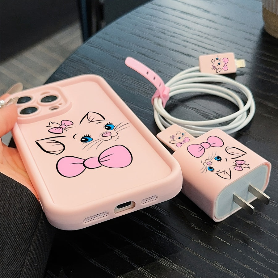 5pcs Set Chic Pink Cartoon Animal & Cat Bow Phone Cases + Data Cable Protector, Compatible with Fast Charging for iPhone 11/12/13/13 Pro Max/14/14 Pro/14 Plus/14 Pro Max/15/15 Pro/15 Plus/15 Pro Max/16/16 Pro/6s Plus