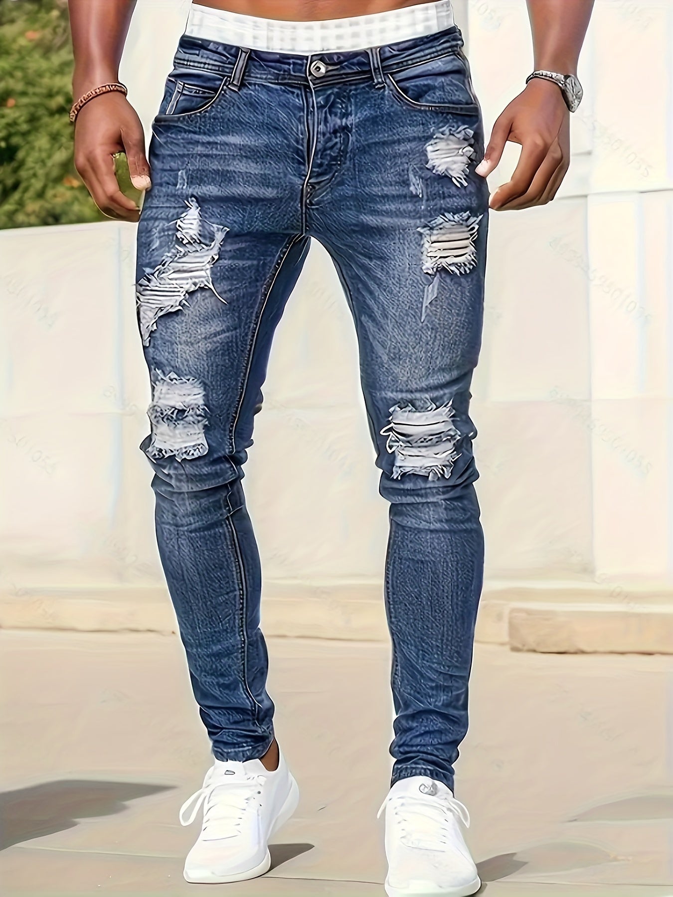 Men's Slim-Fit Stretch Denim Jeans with Distressed Ripped Detail - Versatile Blue, All-Season Wear