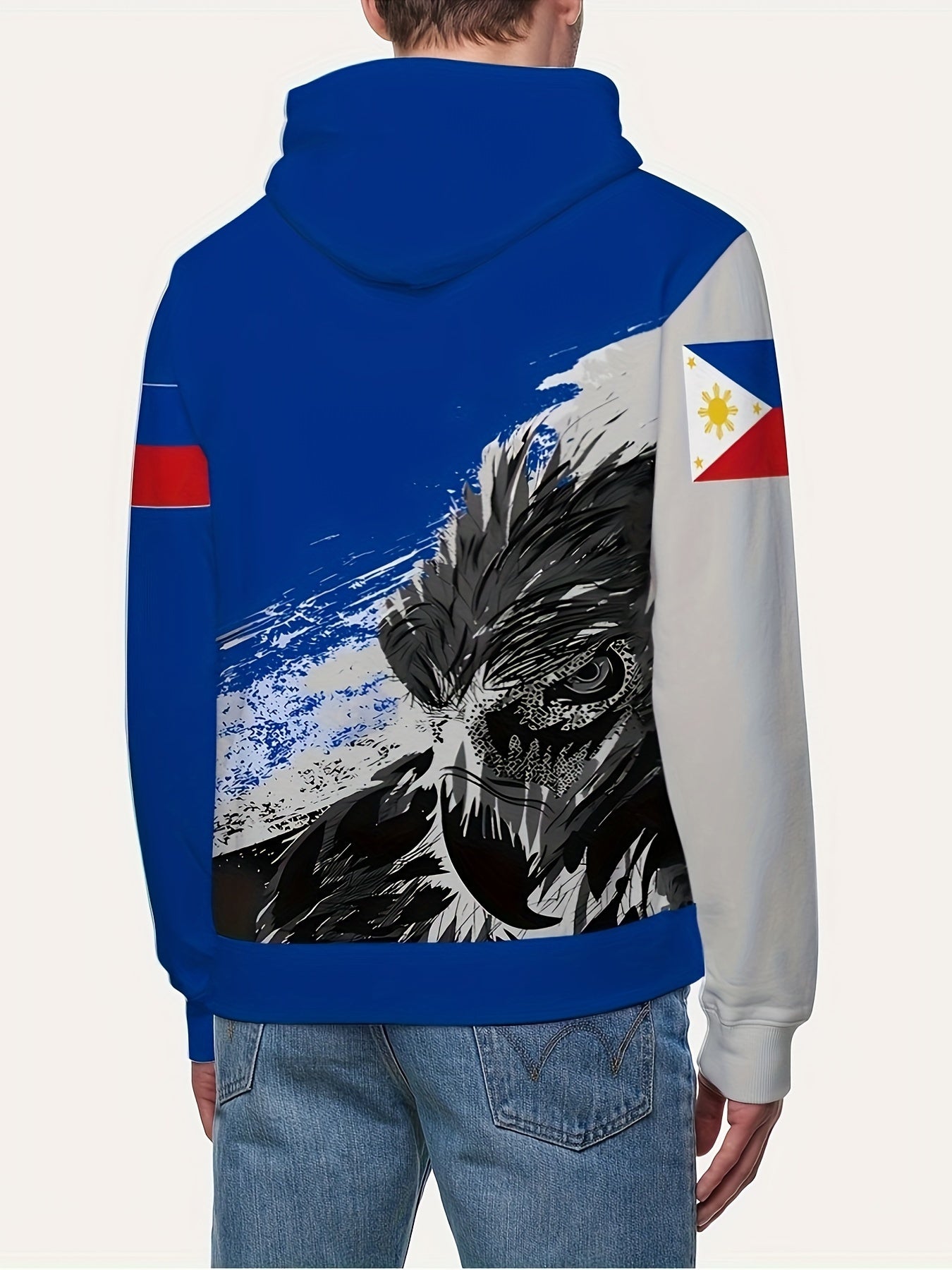 Philippines Flag Design Hoodie for Men – 3D Eagle Print Sports Hooded Sweatshirt with Pocket – Polyester & Spandex Blend Knit Fabric – Regular Fit with Slight Stretch – Sporty Style Pullover with Hood