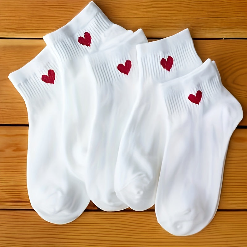 Hearts Pattern 5 Pairs Girl's Short Crew Socks, Breathable Comfy Casual Socks Fashion Socks