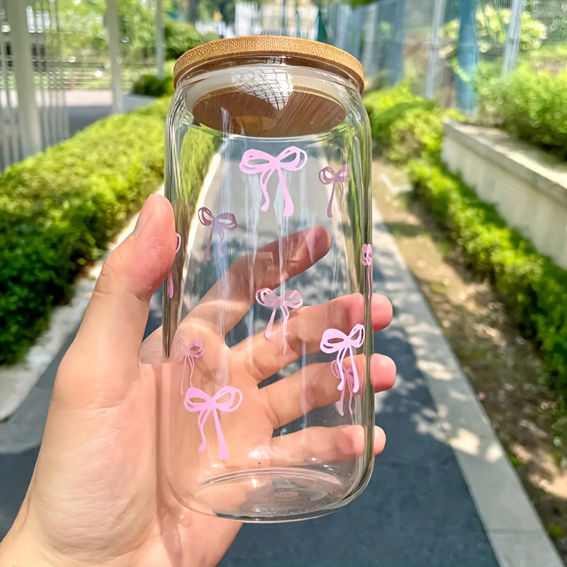 Charming Pink Bow Pattern Glass Cup with Bamboo Lid & Straw - Perfect Gift for Women, Friends, and Sisters - Ideal for Coffee, Cold Drinks - Great for Office, Kitchen, Home Use