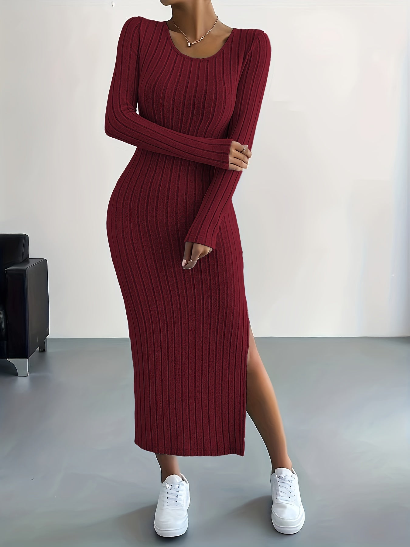 Ribbed Knit Long Sleeve Dress, Casual Crew Neck Split Hem Slim Dress, Women's Clothing