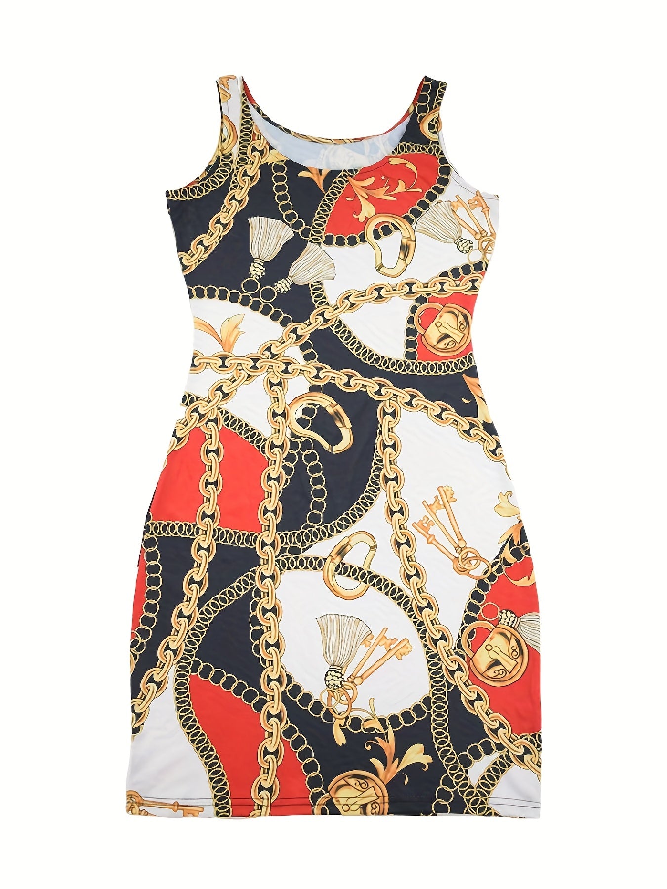 Random Print Bodycon Tank Dress, Sexy Crew Neck Sleeveless Dress For Spring & Summer, Women's Clothing