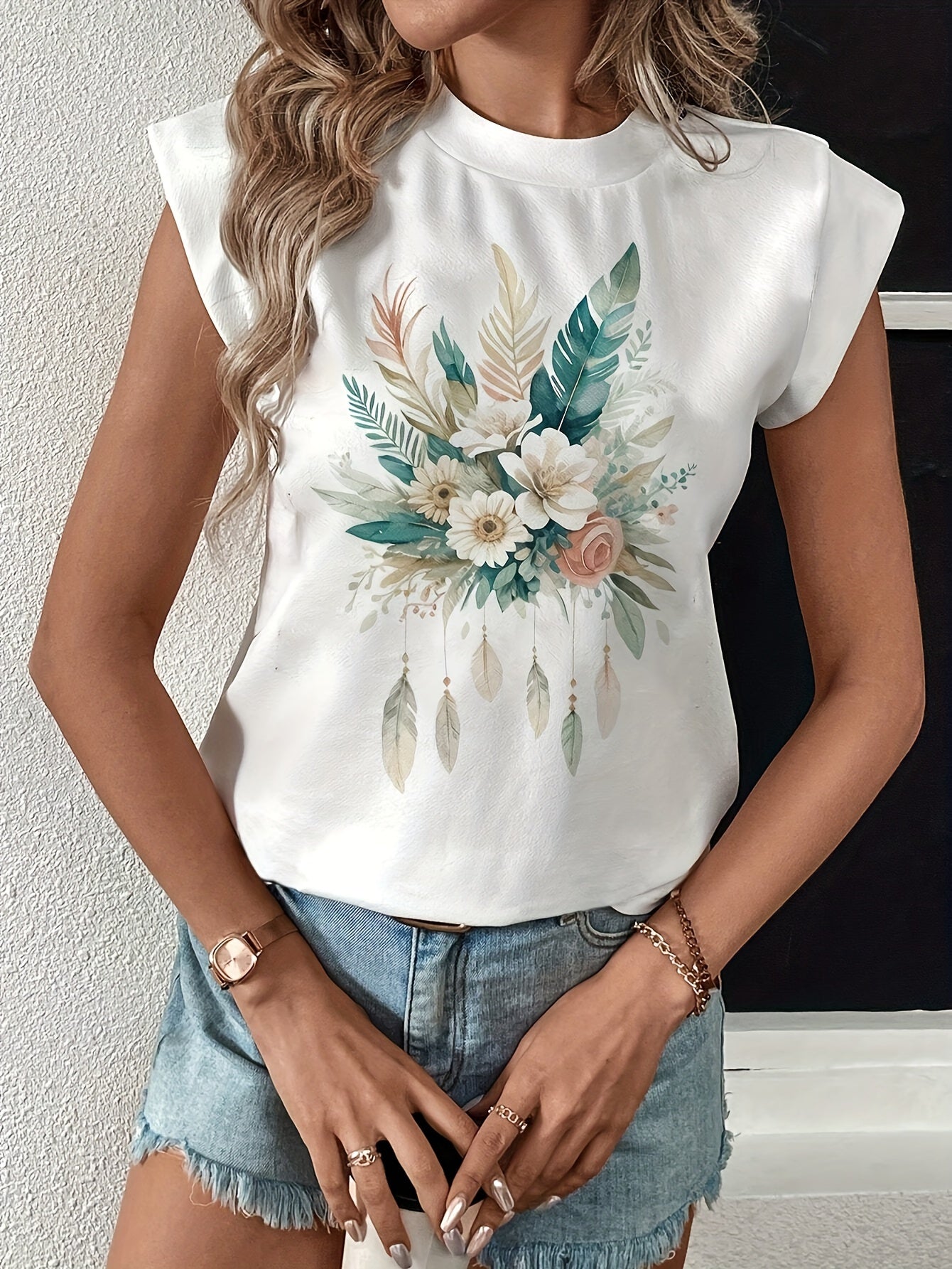 Elegant Women's Floral Print T-Shirt - Crew Neck, Cap Sleeve, Stretchy Polyester Blend, Machine Washable - Perfect for Spring & Summer