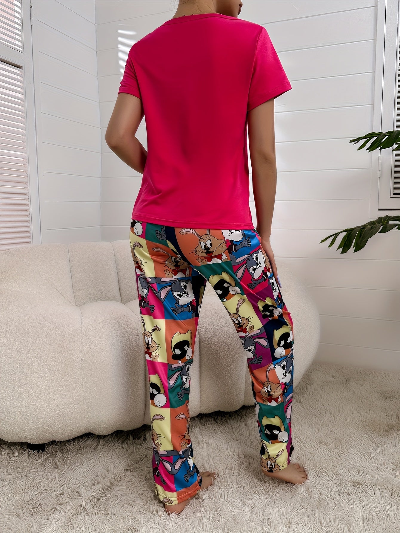 Women's Cute Cartoon Print Pajama Set, Short Sleeve Round Neck Top & Pants, Comfortable Relaxed Fit