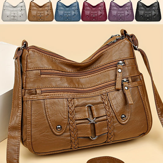 Retro Rivet Decor Crossbody Bag, Soft PU Leather Shoulder Bag, Women's Multi Zipper Messenger Bag