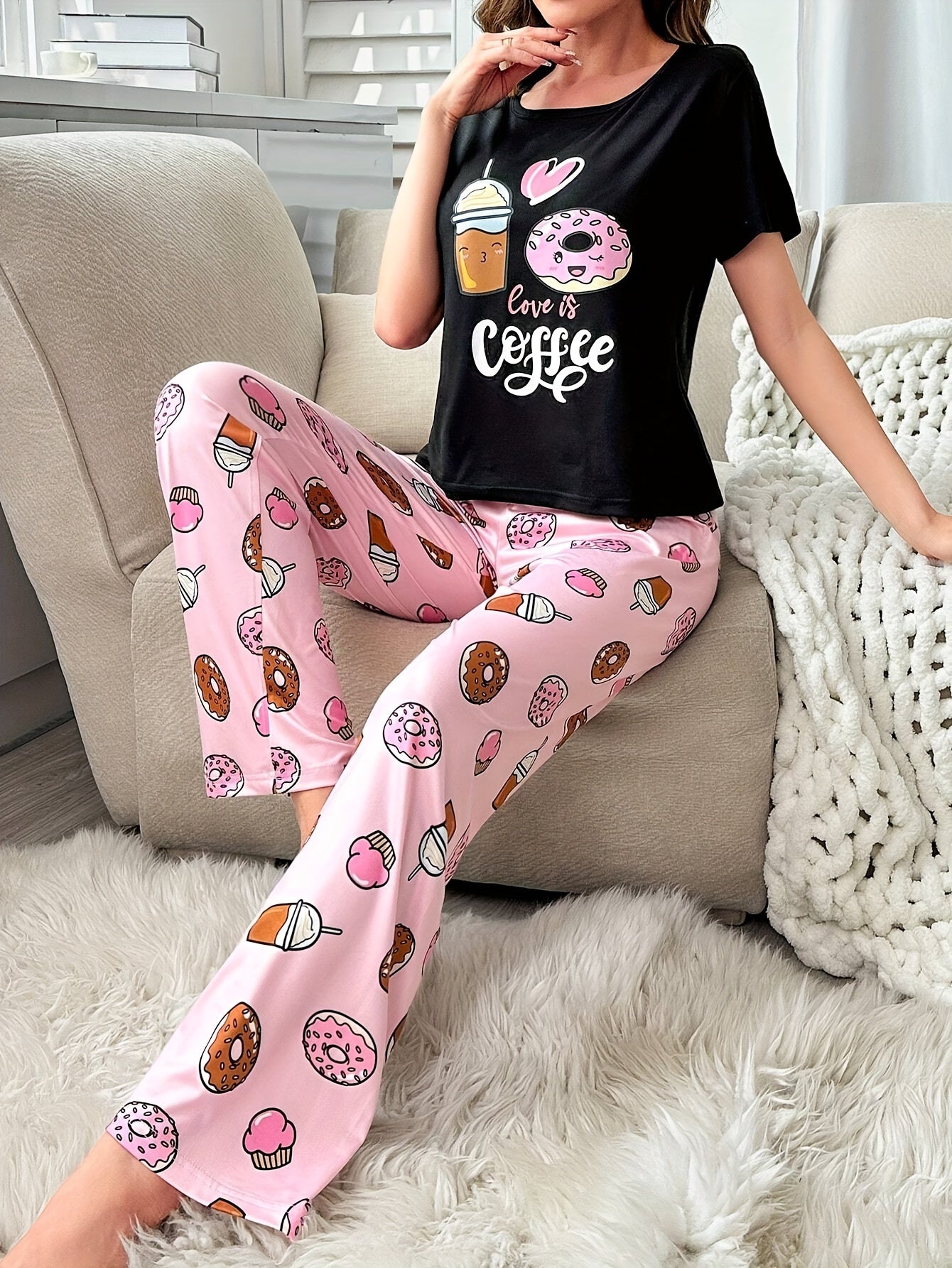 Coffee & Donut & Slogan Print Pajama Set, Casual Short Sleeve Round Neck Top & Elastic Pants, Women's Sleepwear