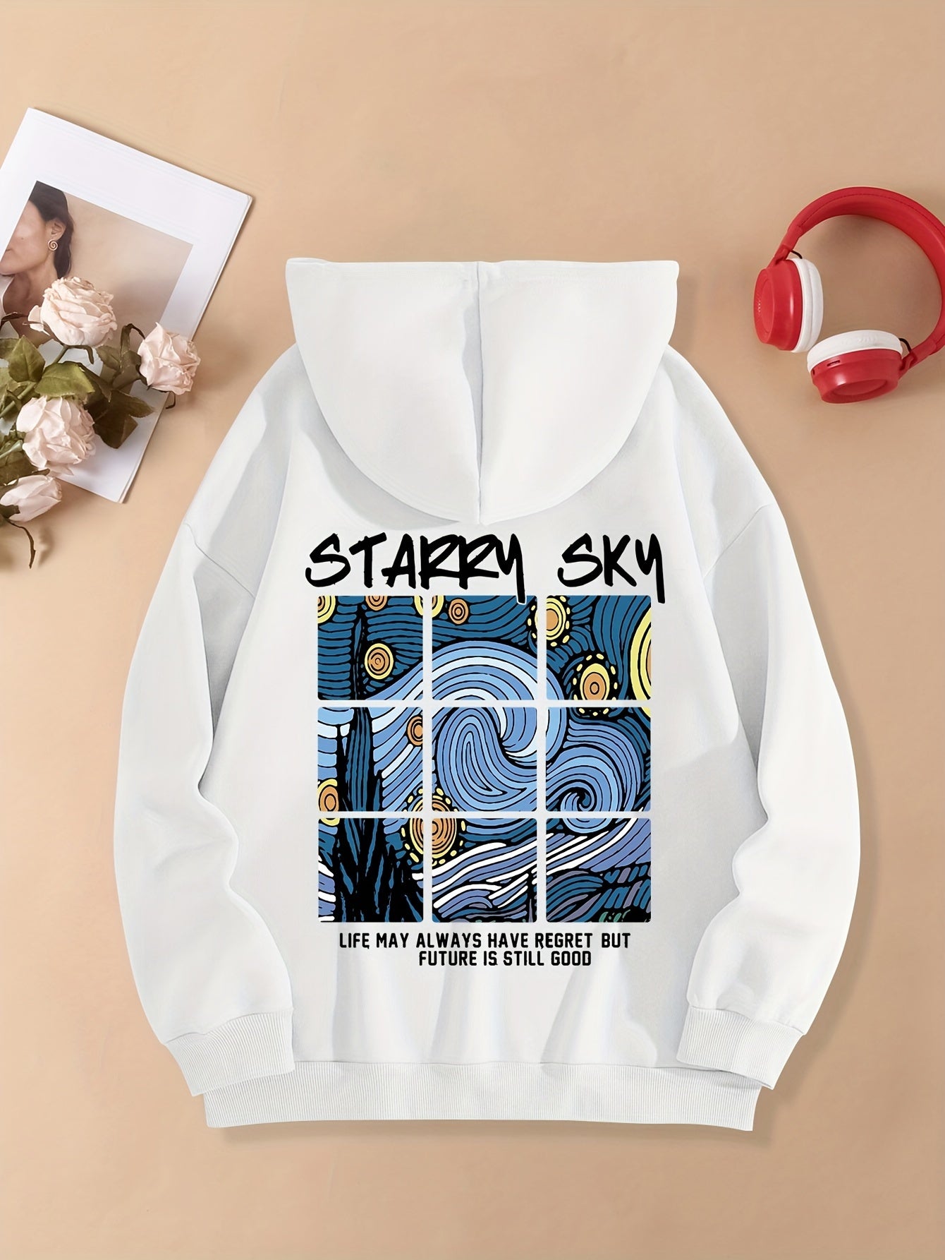 Drawing Print Kangaroo Pocket Hoodie, Drawstring Casual Hooded Sweatshirt For Winter & Fall, Women's Clothing