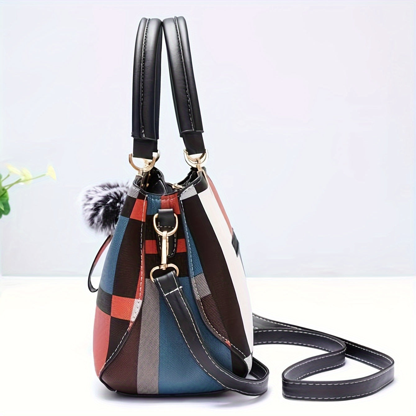 Elegant Grid Patterned Shoulder Bag With Magnetic Closure, Multiple Compartments, Perfect For Formal Occasions, Work, Or School