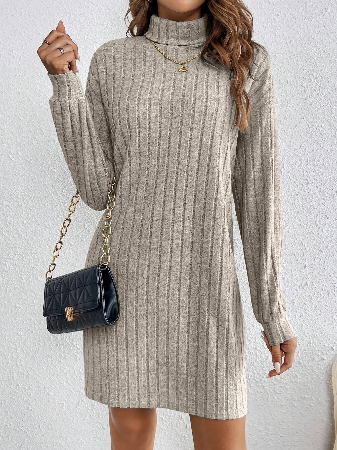 Ribbed Turtleneck Plain Color Dress, Elegant Long Sleeve Dress For Spring & Fall, Women's Clothing