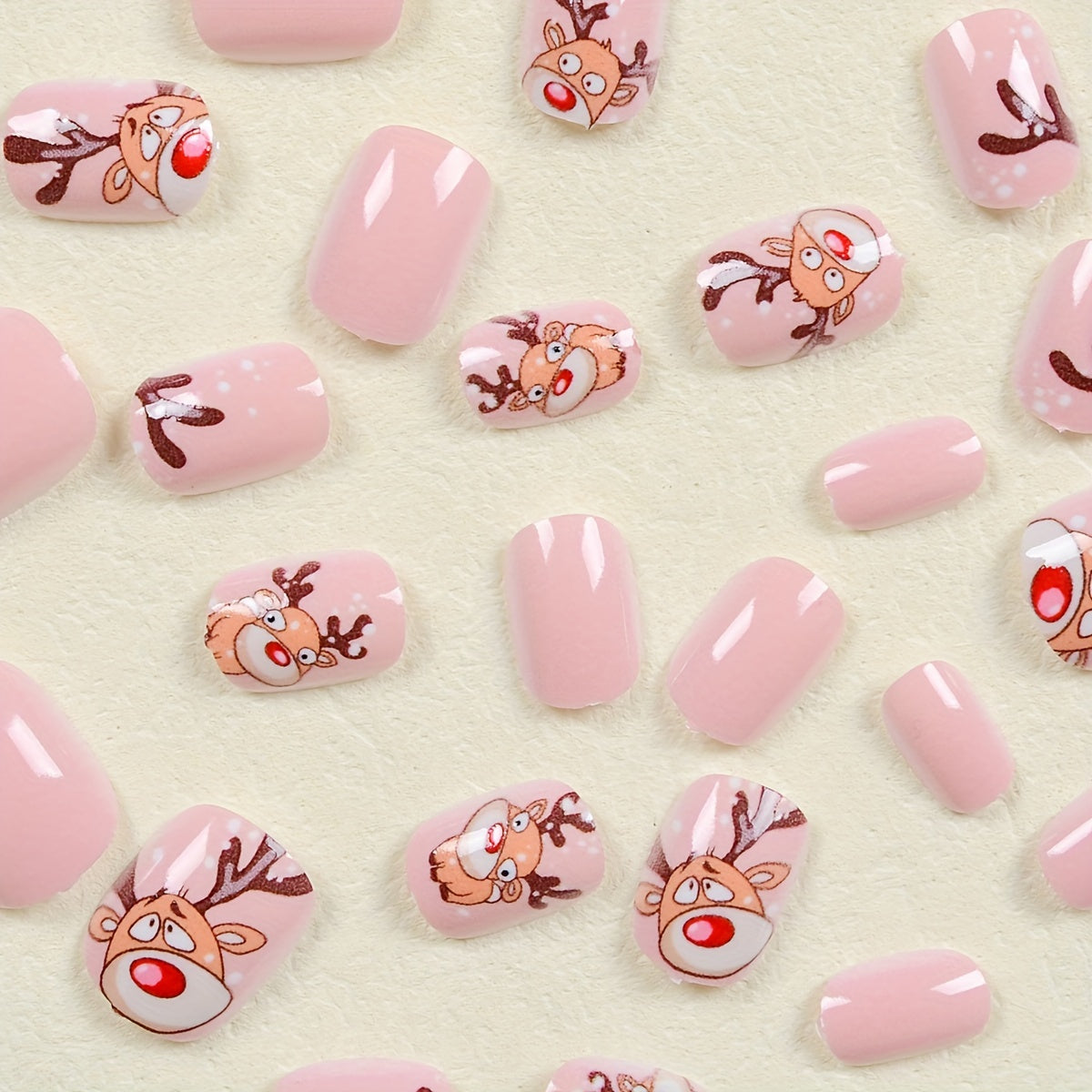 Christmas Reindeer Press-On Nails - 24 Piece Set, Short Oval Shape with Cute Cartoon Animal Pattern - Mixed Color System, Glossy Finish Nail Kit for Women, Perfect for Daily Wear and Parties