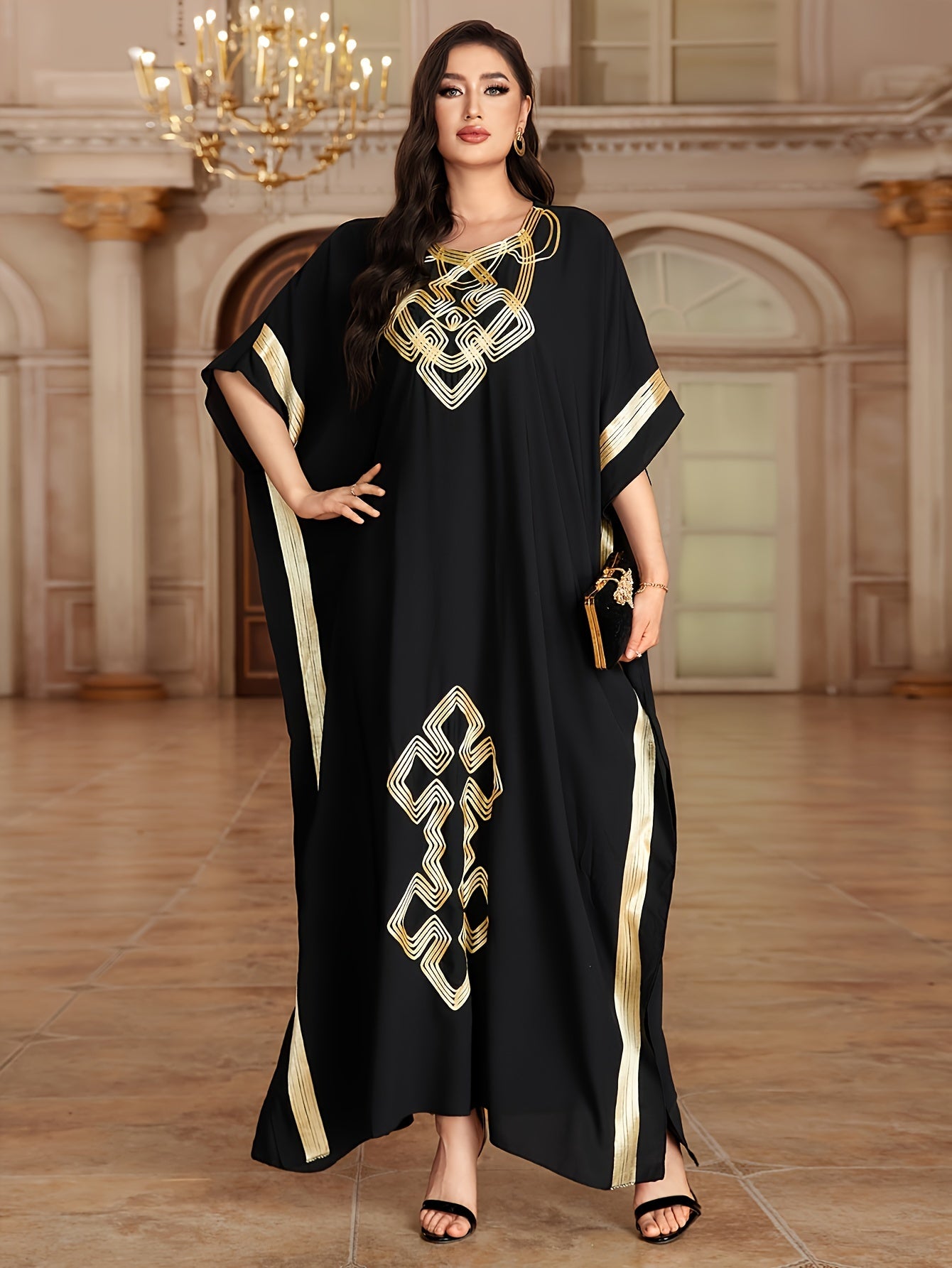 Ethnic Print Crew Neck Kaftan Dress, Elegant Batwing Sleeve Loose Maxi Dress, Women's Clothing