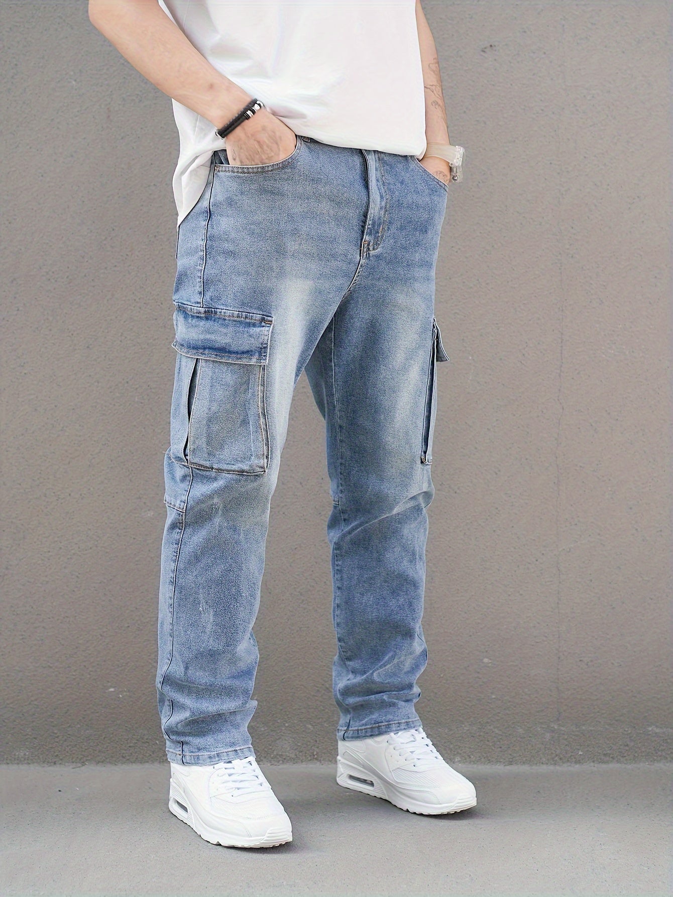 Men's Solid Denim Pants With Multi Pockets, Causal Cotton Blend Slim-fit Jeans For Spring Fall Outdoor Activities