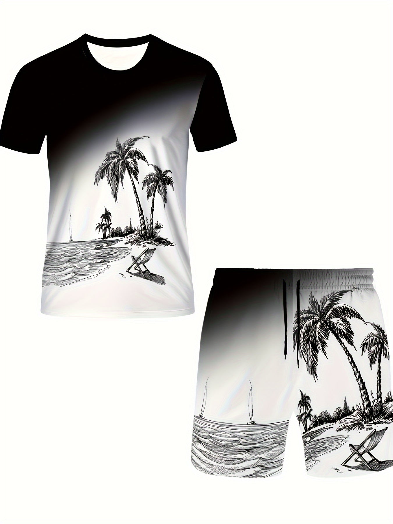 2-piece Men's Summer Short Sleeve Shorts Set, Novelty Gradient Coconut Tree Pattern Print Men's Short Sleeve Crew Neck T-shirt & Matching Pattern Shorts