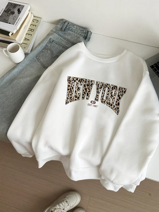 Women's Casual Loose Leopard Print "New York" Letter Sweatshirt, Polyester, Round Neck, Regular Length, Long Sleeves, Fall/Winter Fashion Pullover Hoodie