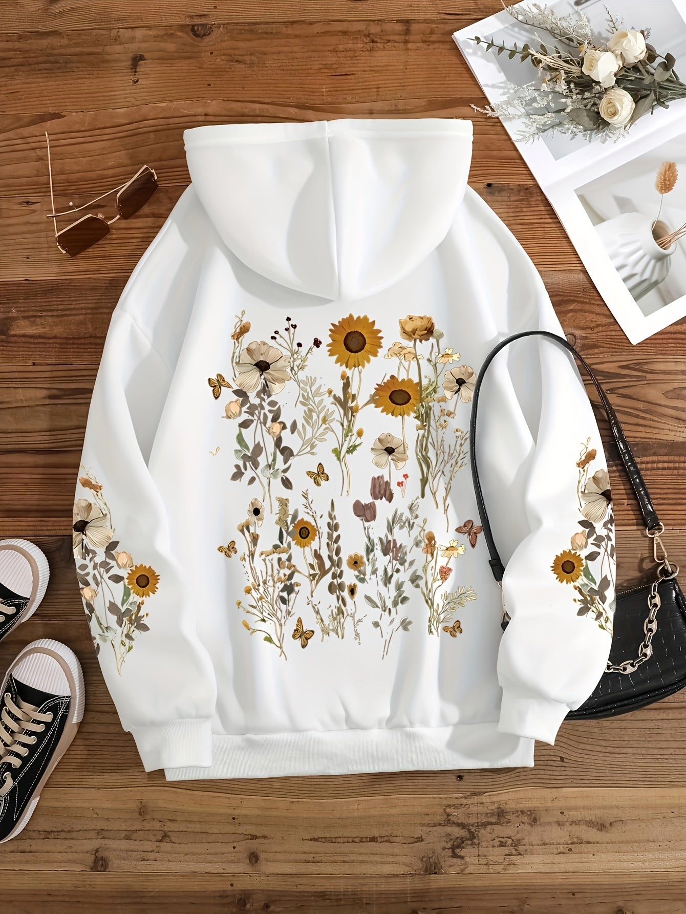 Women's Floral Print Drawstring Hoodie - Casual Polyester Pullover with Kangaroo Pocket, Long Sleeve, Machine Washable, All-Season Comfort Fit Sweatshirt