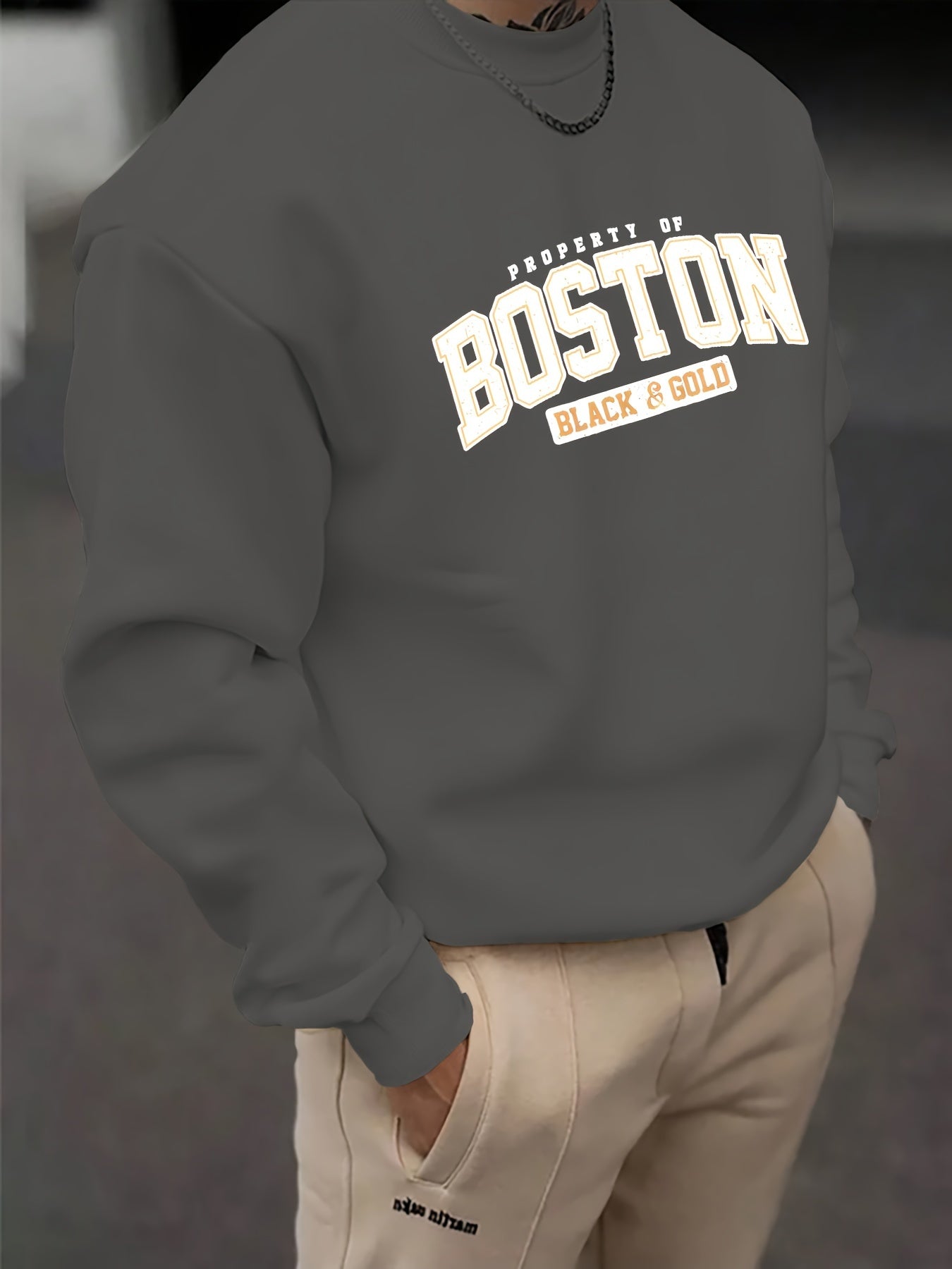 Boston Print Men's Fashionable Long Sleeve Sweatshirt - Comfortable Crew Neck, Ideal For Outdoor Sports, All-Season Style